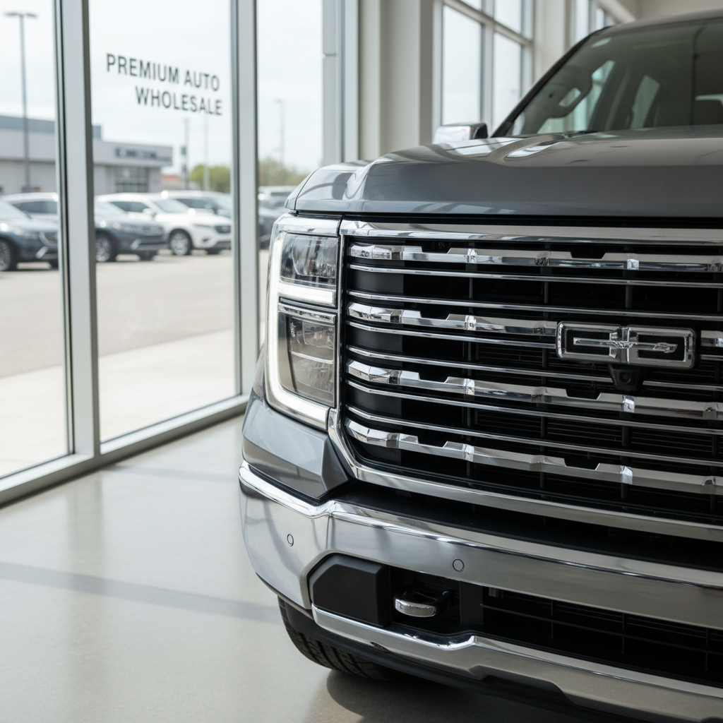 A close-up view of a spotless, glossy, graphite-colored pickup truck grille and headlight assembly, showcasing intricate chrome detailing and subtle reflections of the dealership building. The vehicle is positioned just inside a modern, neutrally toned showroom with polished concrete flooring and large floor-to-ceiling windows framing tidy rows of other vehicles in the soft background. Daylight filters in through the glass, creating quiet highlights along the edges of the truck and gentle ambient shadows. The composition uses a slight three-quarter angle, emphasizing depth and the vehicle’s rugged elegance. The image captures a calm, confident mood, embodying professional auto wholesale standards with clean lines, structured composition, and realistic photography.